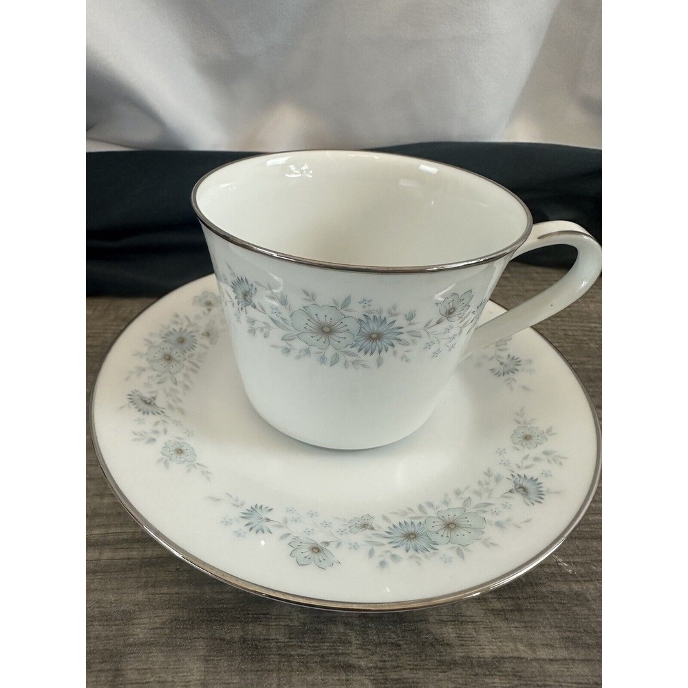 Noritake Porcelain China 6716 INVERNESS Platinum Vintage Japan Blue Cup + Saucer